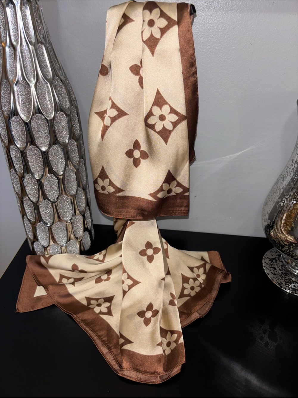 Chic Monogram Print Oblong Scarf Wrap | Brown & Beige Satin Silk Feeling